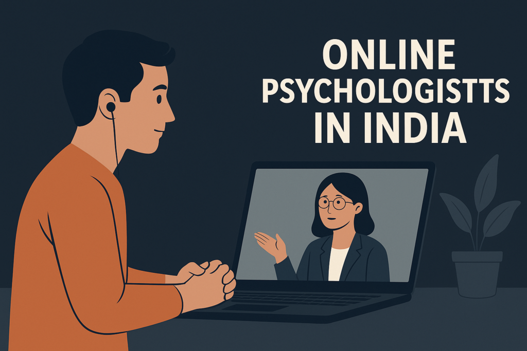 Illustration of a young adult speaking with an online psychologist via video call, representing mental health accessibility in India.