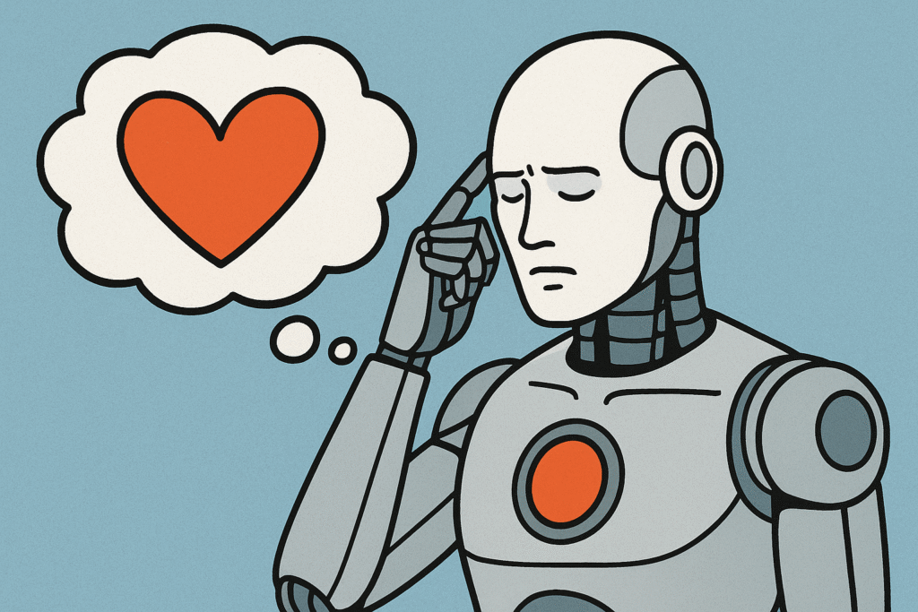 Illustration of a humanoid robot sitting at a desk, looking thoughtful and emotional, symbolizing the idea of artificial intelligence developing human-like feelings.