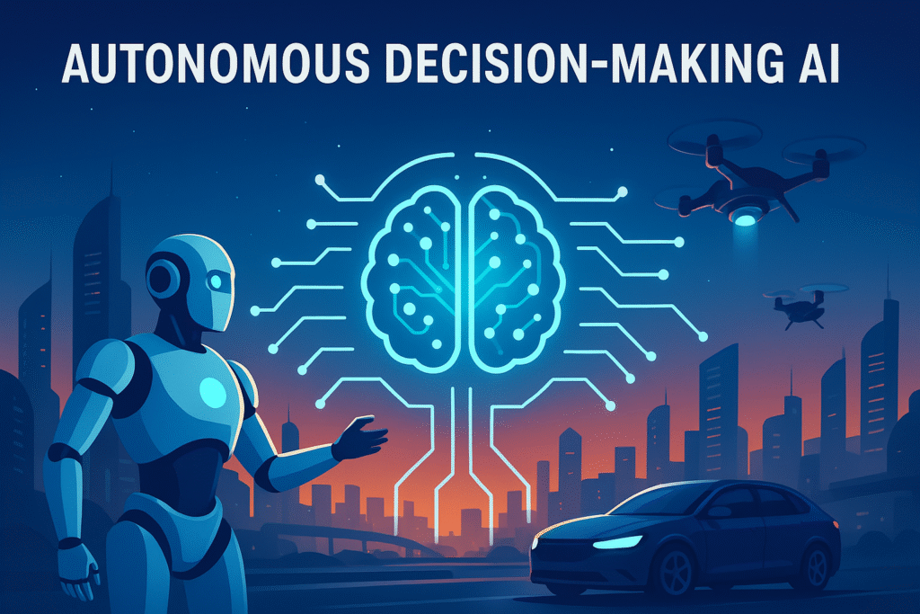 Futuristic AI systems in 2025 making autonomous decisions across healthcare, finance, and smart cities