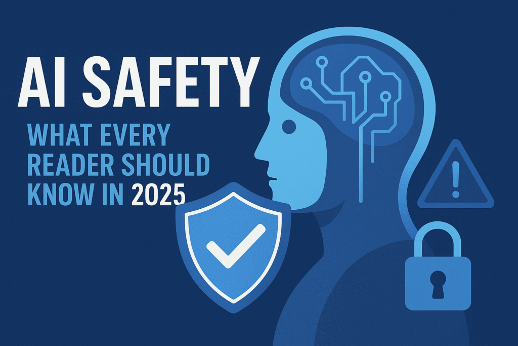 AI safety illustration showing a human head with circuits, a protective shield, padlock, and warning sign highlighting risks and safeguards in 2025